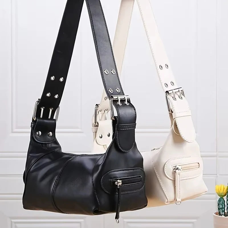 Elegant Leather Baguette Satchel Shoulder Handbag Purse for Women Single Shoulder Strap Zipper Messenger Bag