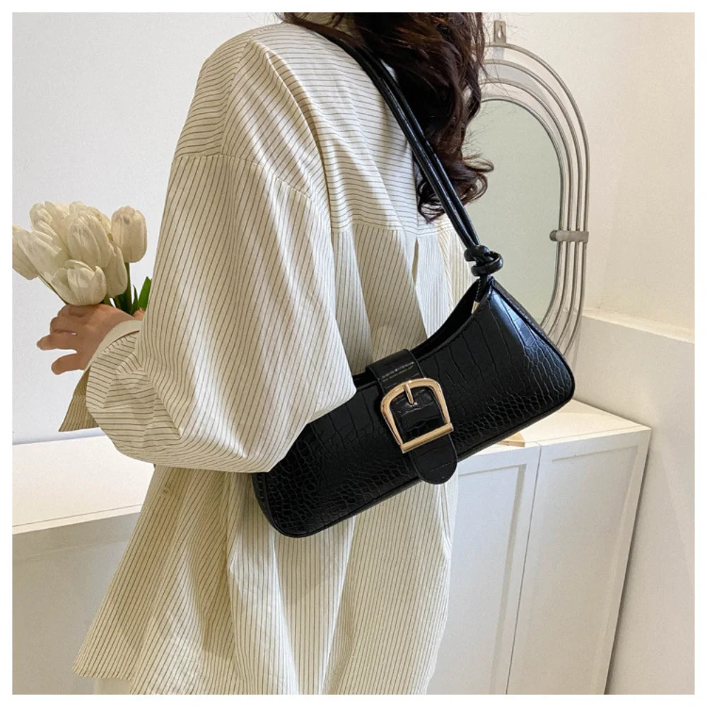 Modern French Fashion Leather Women's Shoulder Baguette Handbag Alligator Pattern Texture Popular Underarm Purse Bag