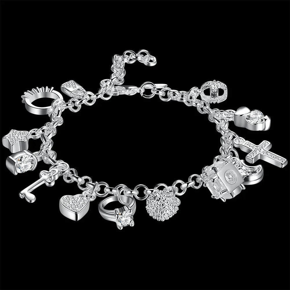 Crystal Pendants 925 Sterling Silver Bracelets for Woman Heart Key Ring Moon Star Cross Charm Pendant Chain Band