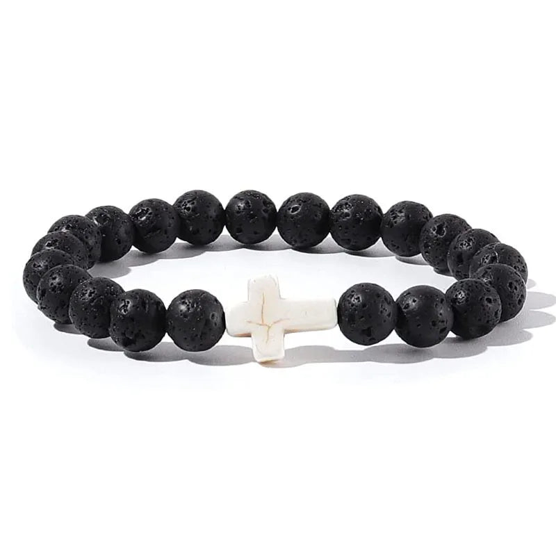 Rosary Cross Natural Stone Wood Beads Hematite Bracelets Prayer Meditation Bracelet for Men Women Yoga Jewelry