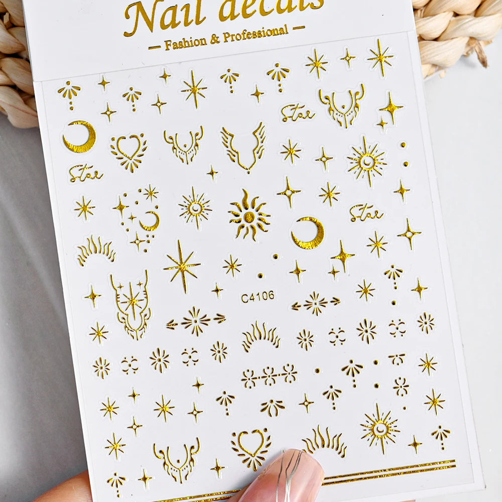 Star Sun Moon 3D Nail Stickers Bronzing Nail Art Gold Silver Styles Decal Self-Adhesive Slider