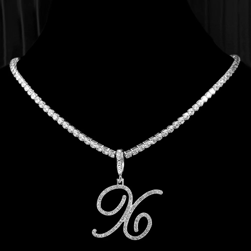 Elegant Sparkling Cursive Initial Name Letters Silver Gold Color Pendant Necklace Zircon Bling Alphabet Jewelry