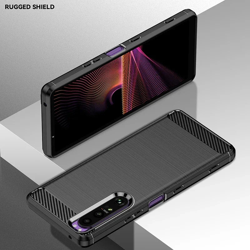 Shockproof Carbon Fiber Silicone Case for Sony Xperia 10 5 1 II III IV V VI Brushed Texture Protective Back Cover Case