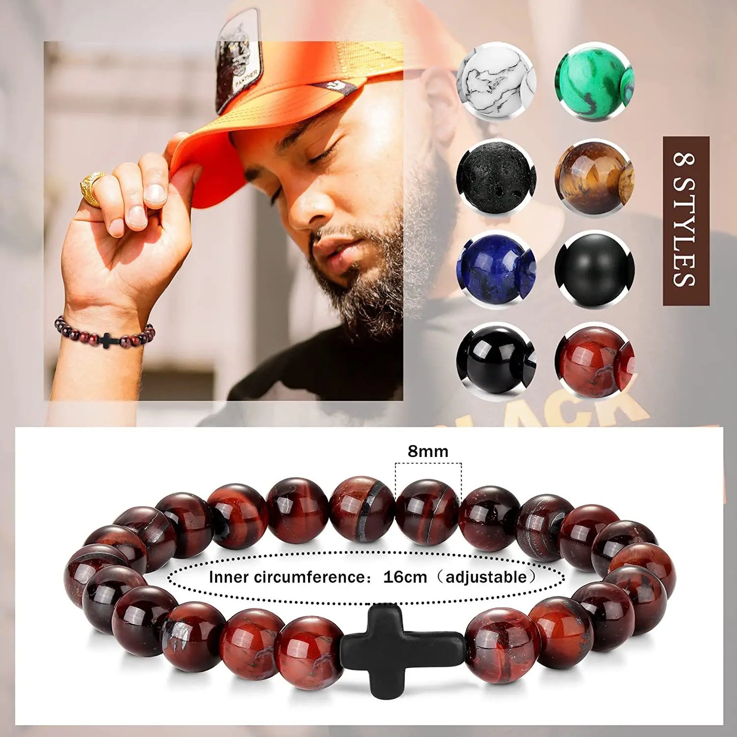 Rosary Cross Natural Stone Wood Beads Hematite Bracelets Prayer Meditation Bracelet for Men Women Yoga Jewelry