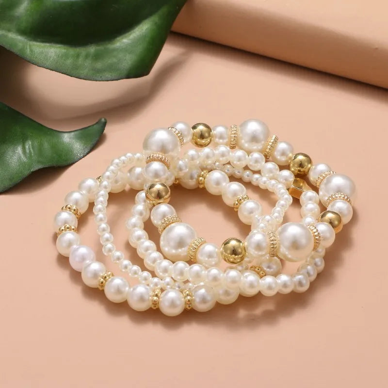 Elegant White Beads Bracelets for Women Girls Gold Color Accents High Grade Layered Fashion Jewelry