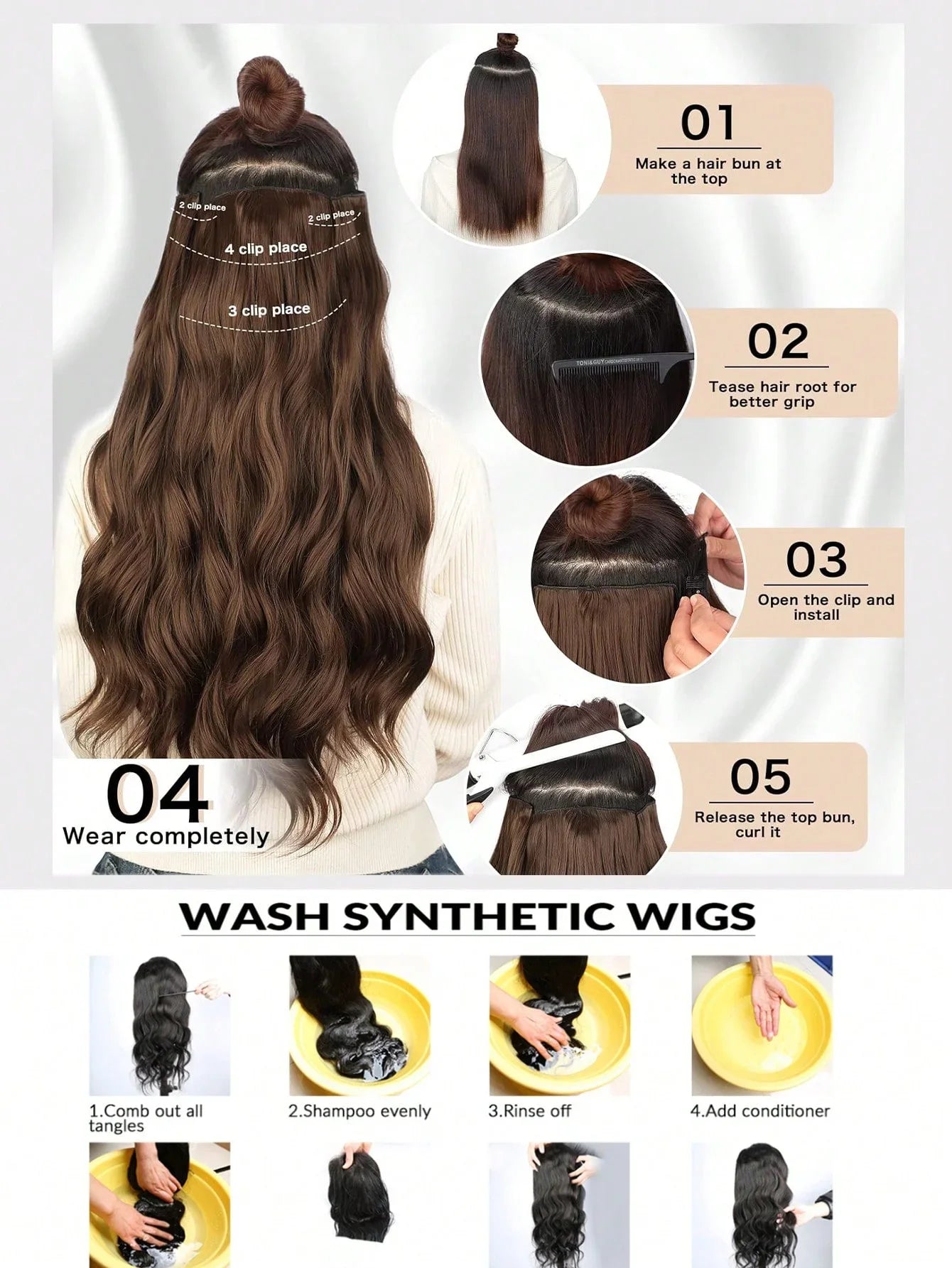 Synthetic Wig 6pcs 16 Clips 24 Inch Wavy Curly Full Head Hair Extensions on Double Weft Dark Black For Women