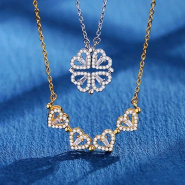 Elegant Dual Wear Magnet Crystal Four Hearts Clover Flower Pendant Necklace for Women Stainless Steel Neck Chain Jewelry Accessories