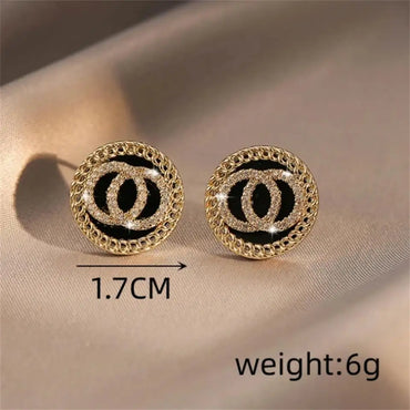 Fashion Crystal Double Circle with Black Enamel Stud Earrings for Women Popular Modern Rhinestones Jewelry Accessories