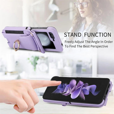 Deluxe Crossbody Lanyard Leather Flip Wallet Case for Samsung Galaxy Z Flip 6 5 4 3 Models Ring Bracket Shockproof Protective Shell Card Holder Phone Cover Bag
