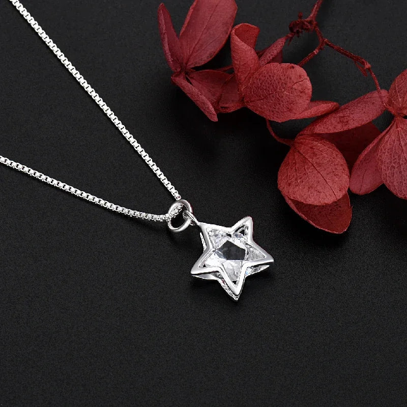 Elegant Crystal Star 925 Sterling Silver Necklace for Women Fine Jewelry Accessories