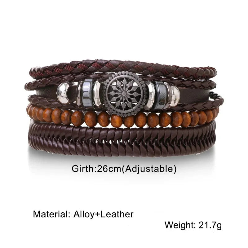 Stylish Braided Woven Leather Bracelets for Men Life Tree Rudder Charm Wood Beads Tribal Rope Wristband 4pcs Set