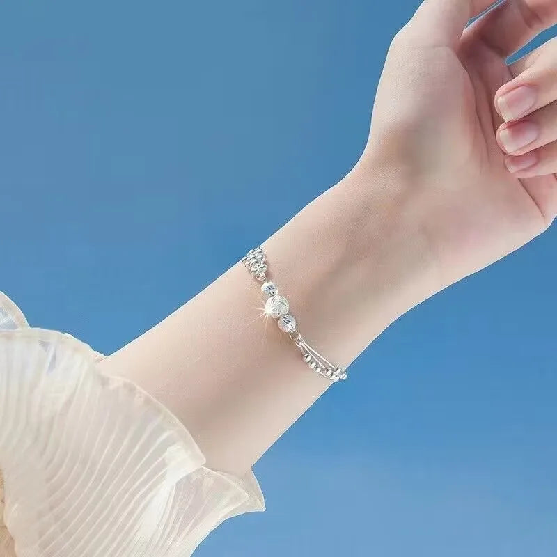 Elegant Lucky Beads 925 Sterling Silver Multi Strand Chain Bracelets for Women Modern Charm Fine Jewelry Accessories