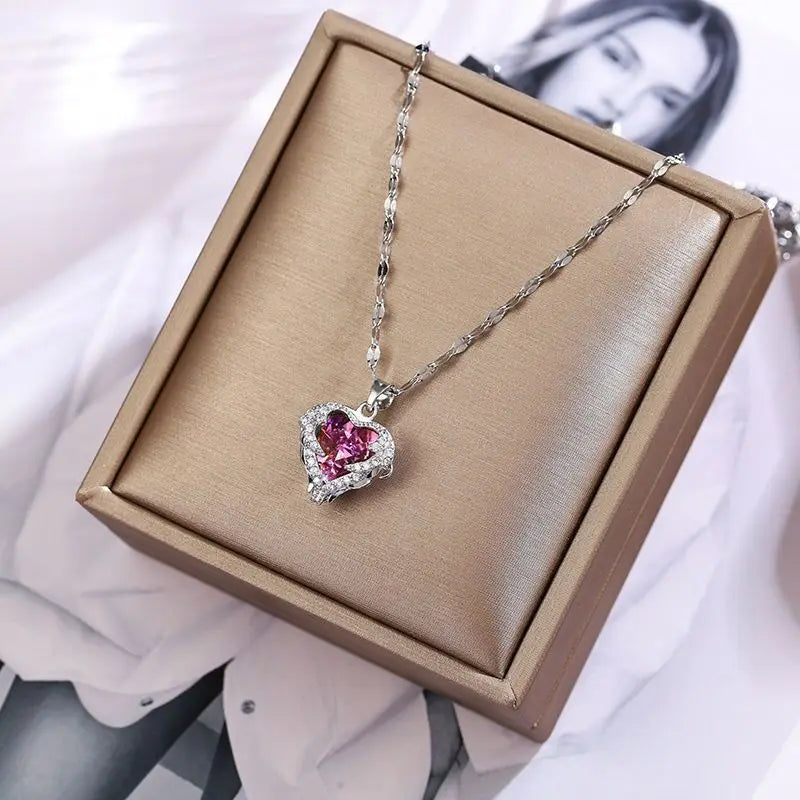 Fashion Crystal Ocean Heart Pendant Stainless Steel Necklace Chain for Women Trendy Jewelry Accessories