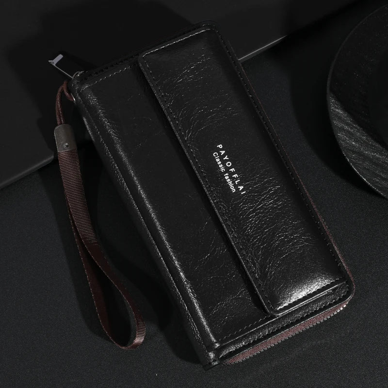 High Quality Men's Leather Zipper Long Phone Wallet Large Capacity Clutch Bag Multi Card Holder Coin Purse Double Layer Strap Wallet