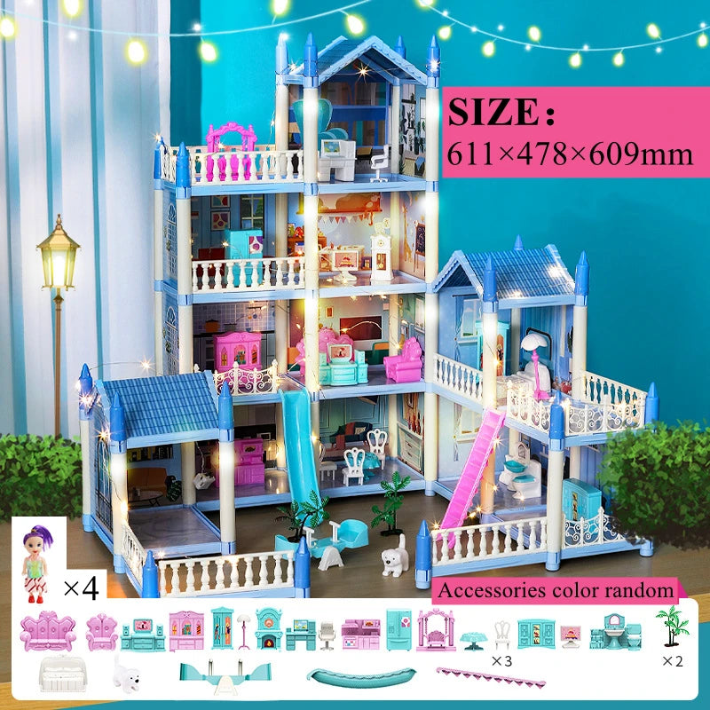 Beautiful Miniature Model Doll House Princess Castle with LED Lights Accessories Girl Birthday Gift Toy Villa House 3D Assembly DIY