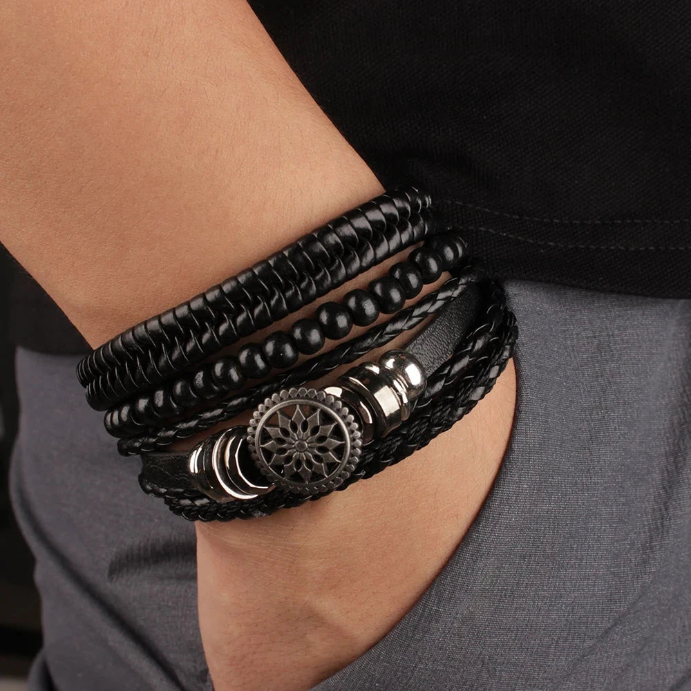 Stylish Braided Woven Leather Bracelets for Men Life Tree Rudder Charm Wood Beads Tribal Rope Wristband 4pcs Set