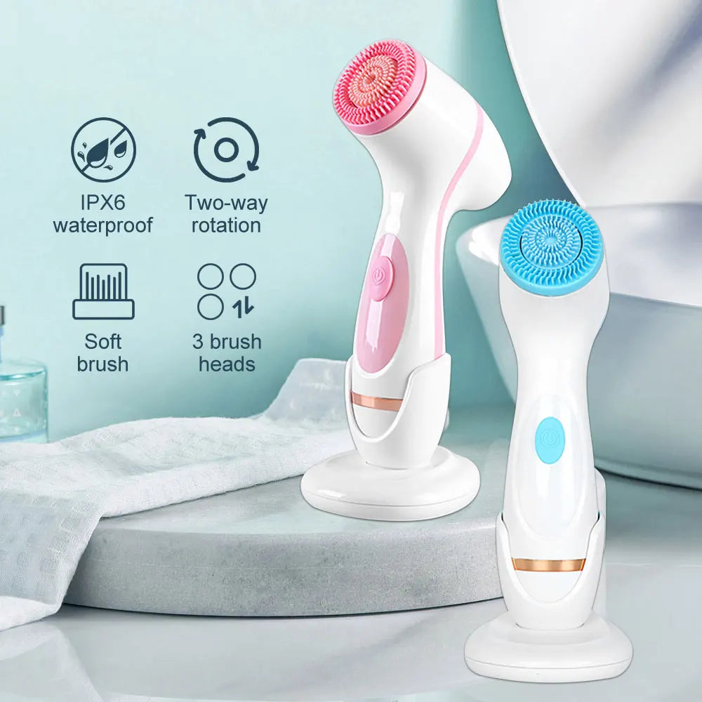 Ultrasonic 3 In 1 Electric Facial Cleansing Brush Face Massager Rotating Deep Cleaning Tool