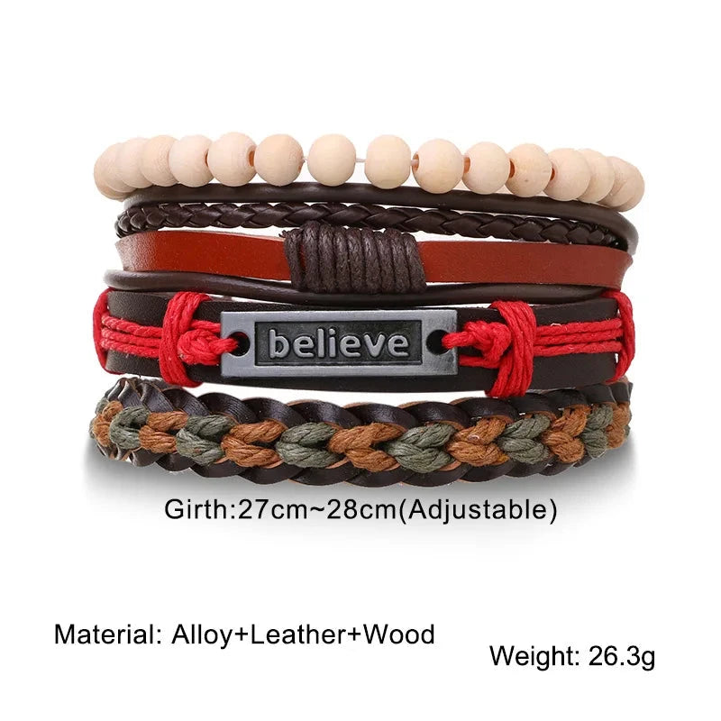 Stylish Braided Woven Leather Bracelets for Men Life Tree Rudder Charm Wood Beads Tribal Rope Wristband 4pcs Set