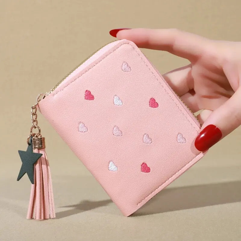Mini Tassel Embroidered Women's Cute Clutch Wallet Short Style Zipper Hearts Star PU Leather Coin Purse Ladies Clutch Hand Wallet