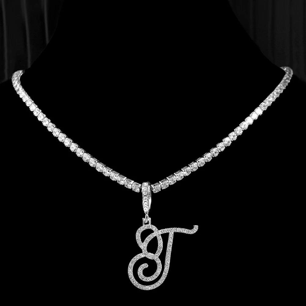 Elegant Sparkling Cursive Initial Name Letters Silver Gold Color Pendant Necklace Zircon Bling Alphabet Jewelry