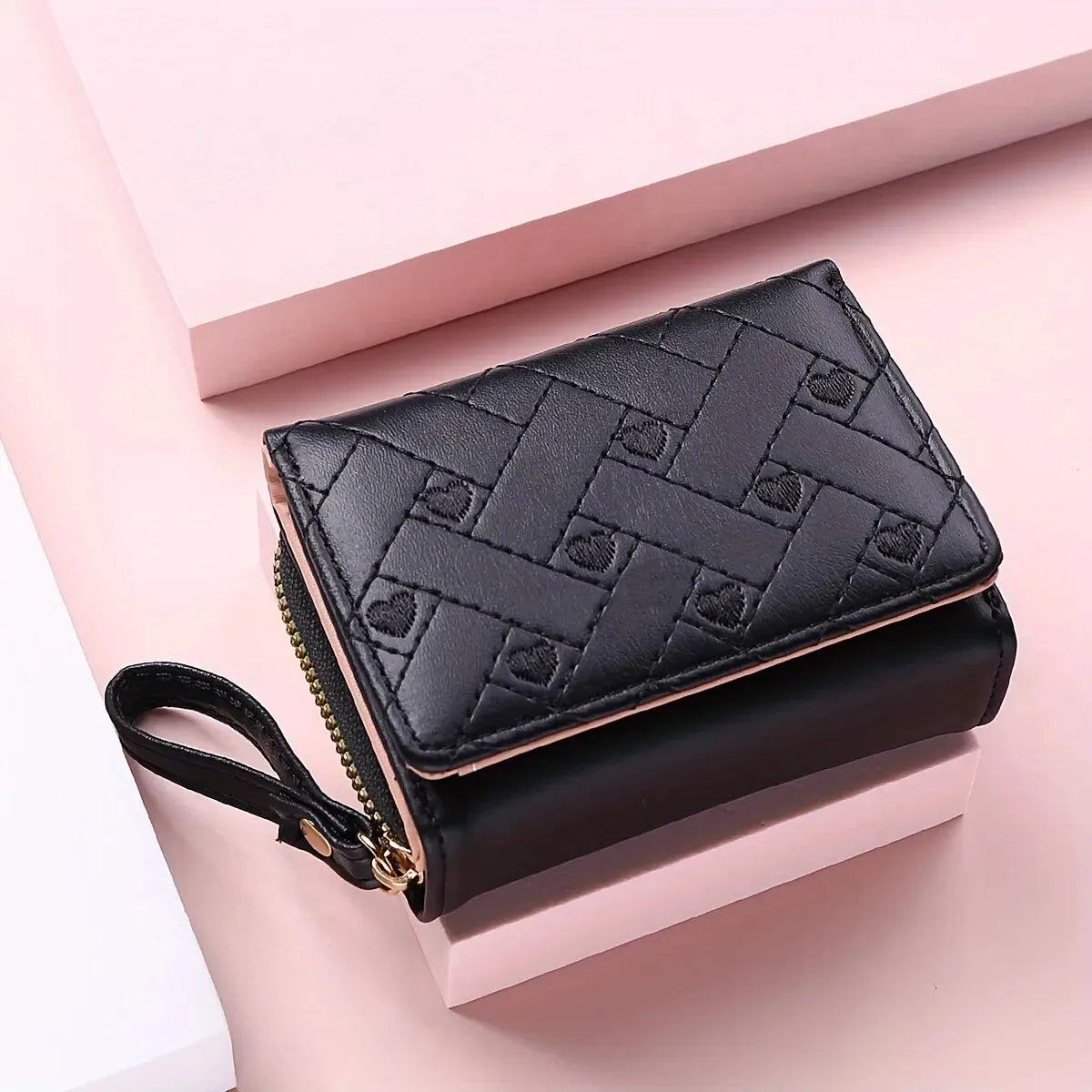 Elegant Embroidered Women's Love Hearts Short Leather Wallet Zipper Closure Large Capacity Card Clutch Versatile Fashion Accessory