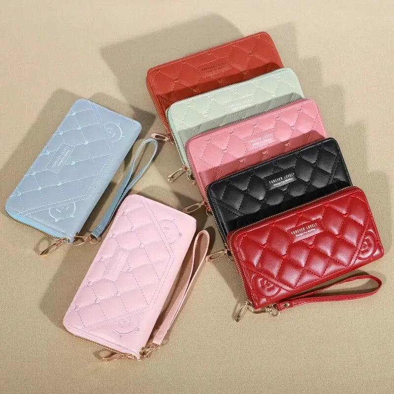 Exquisite Embroidered Women's Leather Clutch Wallet Card Mobile Phone Holder Zipper Handbag Fashion Accessory