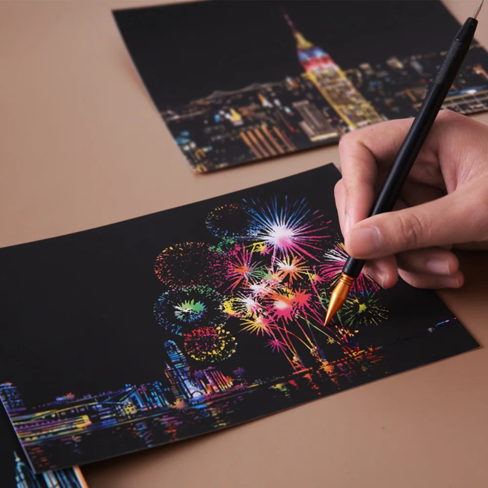 Children's DIY Night Scene Art Scratch Painting Postcards Toys City Building Landscape Kids Educational Toys Room Decor Gift 4Pcs