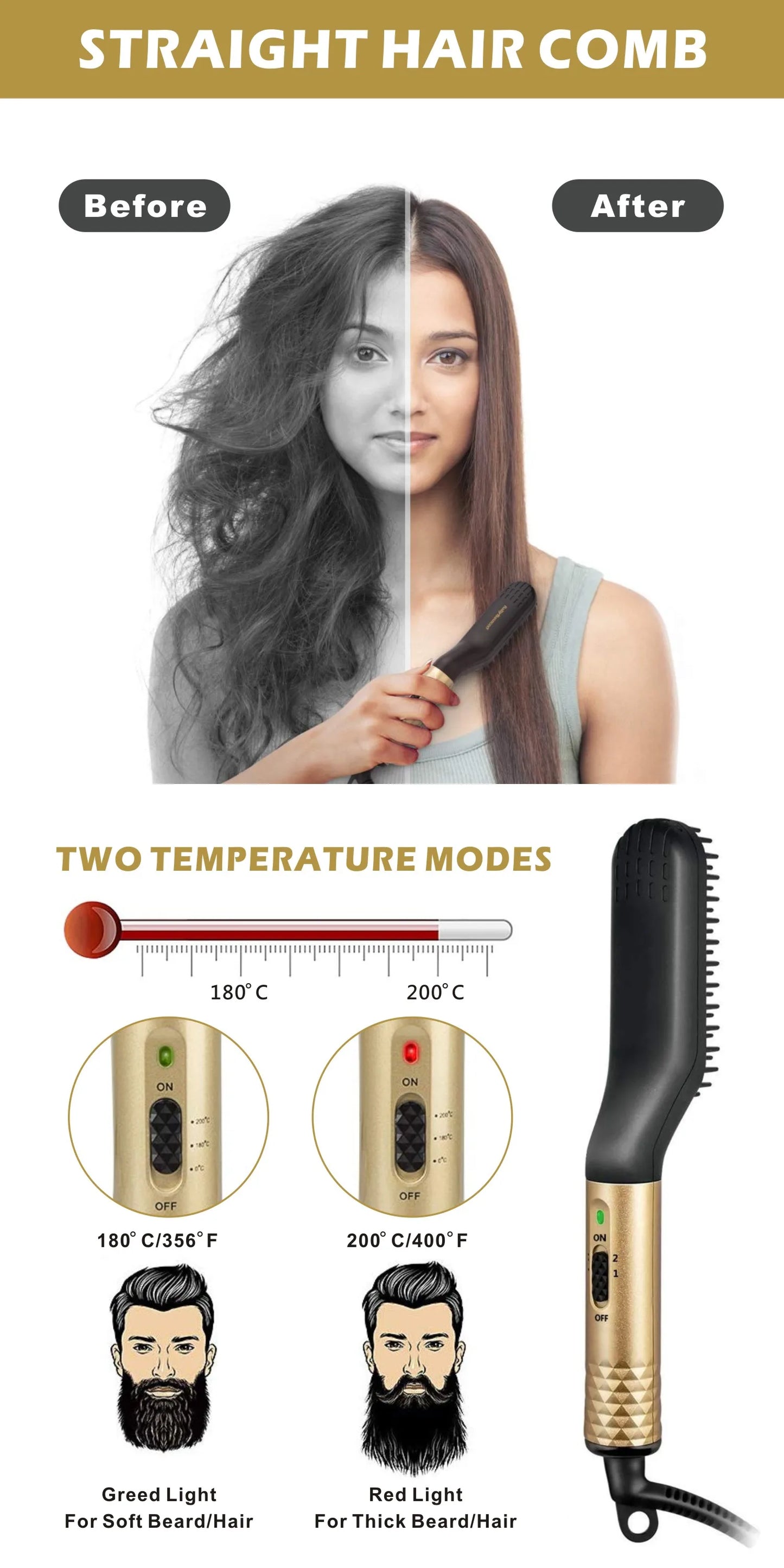Electric Professional Beard Hair Straightener Comb Brush Hair Straightening Multifunctional Hair Curler Fast Heating Styling Tool