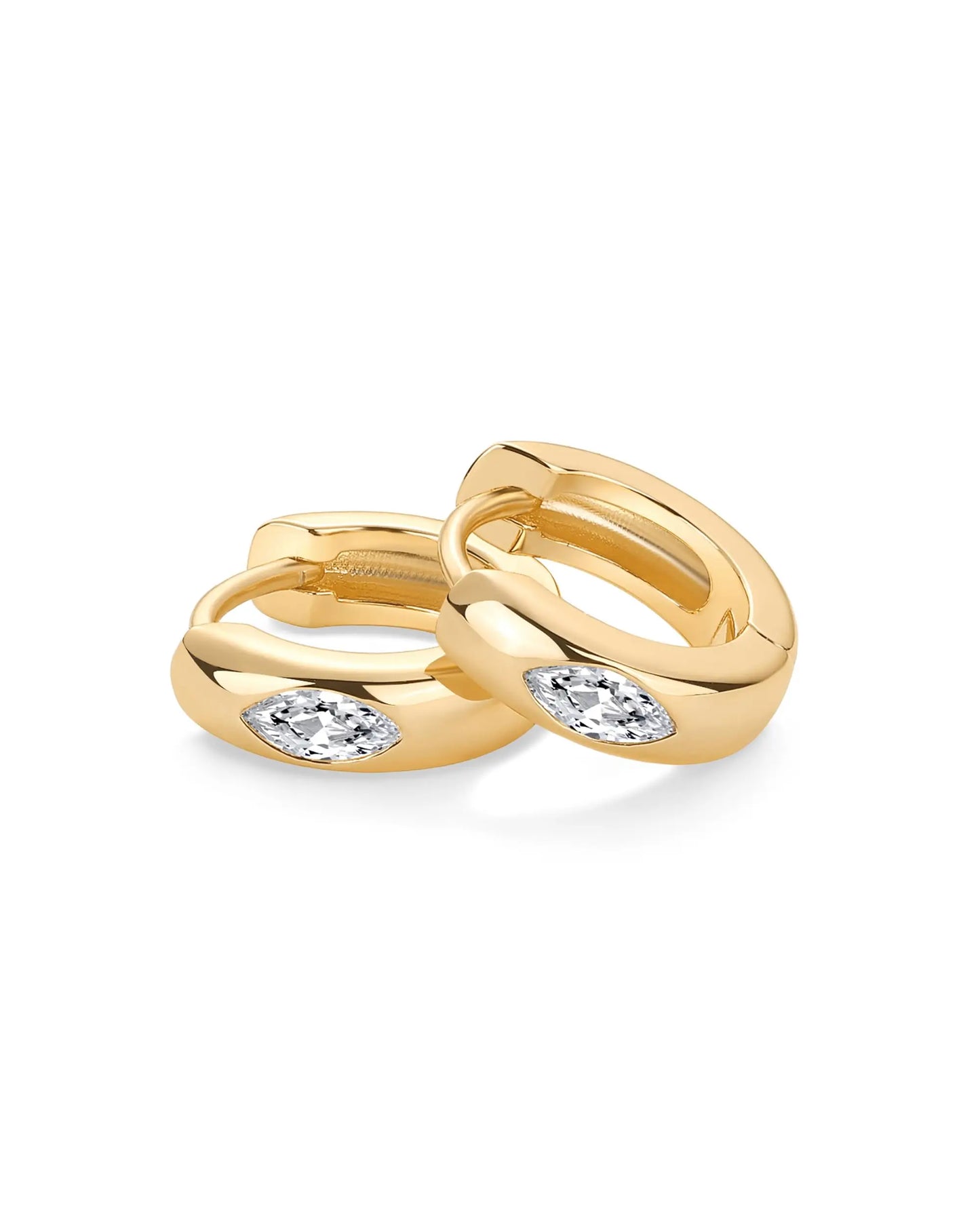 Huggie Hoops 14K Gold Plated Earrings With Sterling Silver Posts Cubic Zirconia Noble Marquise Small Earrings