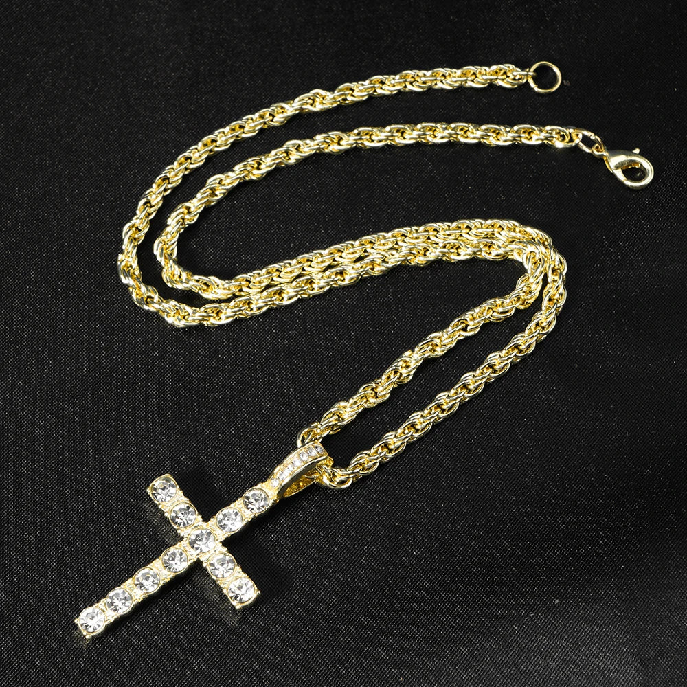 Fashion Iced Out Silver Gold Color Cross Pendant and Necklace for Men Women 4mm Tennis 3mm Rope Chain Bling Zircon Jewelry