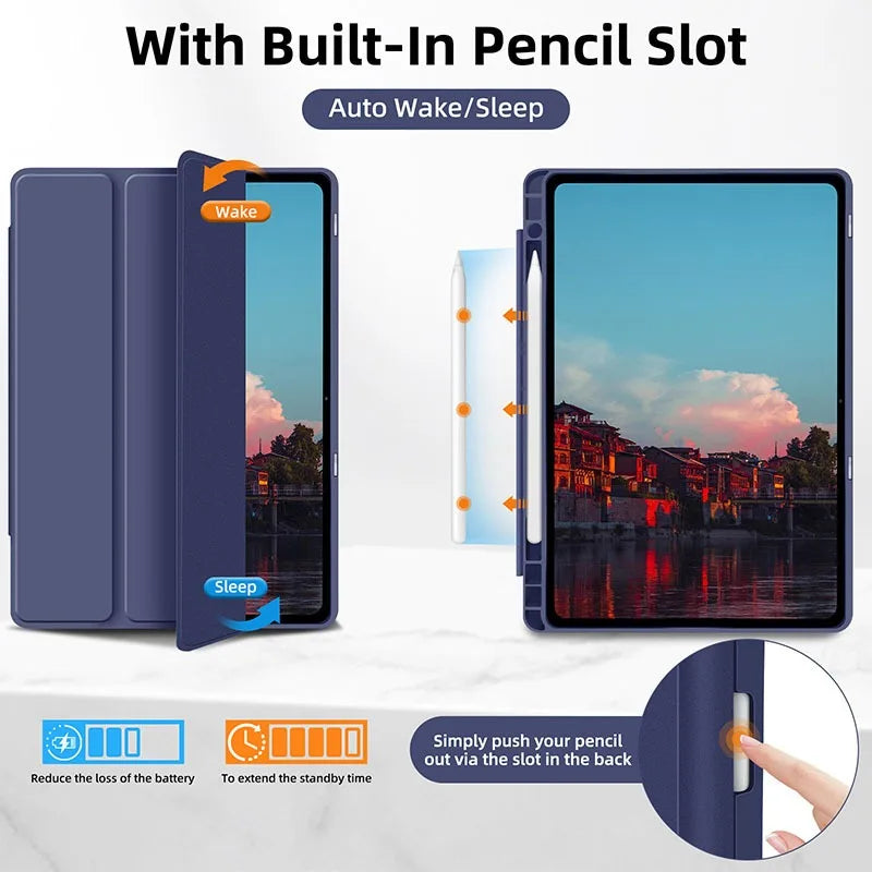 Protective Silicone and Leather Smart Case for Samsung Galaxy Tab S10 S9 FE Plus 11" 12.4" A9 S8 S7 Plus S6 Lite With Pen Holder Cover