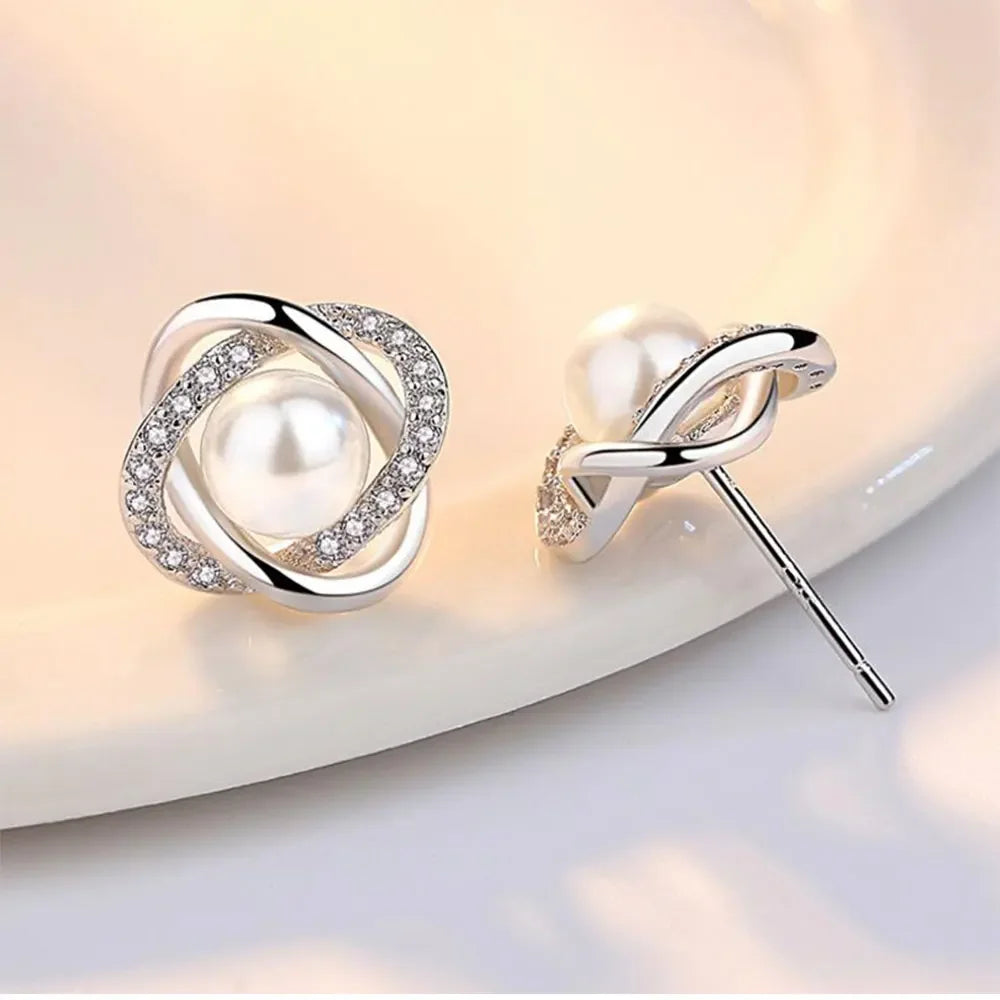 Fancy Pearl with Crystals 925 Sterling Silver Stud Earrings for Women Twist Spiral Design Jewelry Accessories