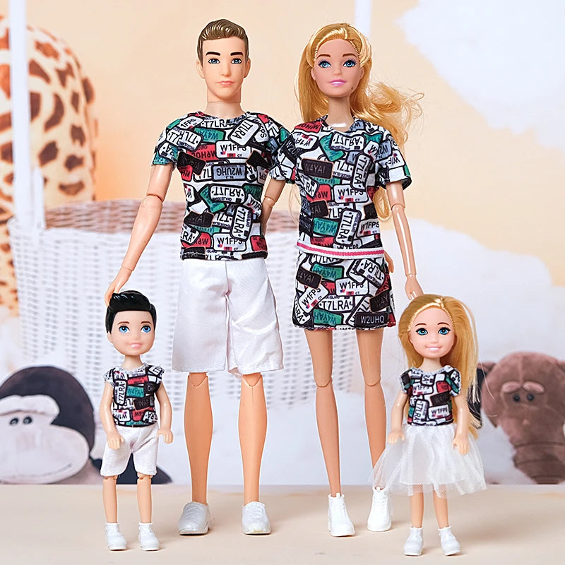 Family Doll Toy Set of 4 People Mom Dad Kids Dress Up Doll Kids Toys Full Set With Clothes for Girl Boy Education Birthday Gift 30cm