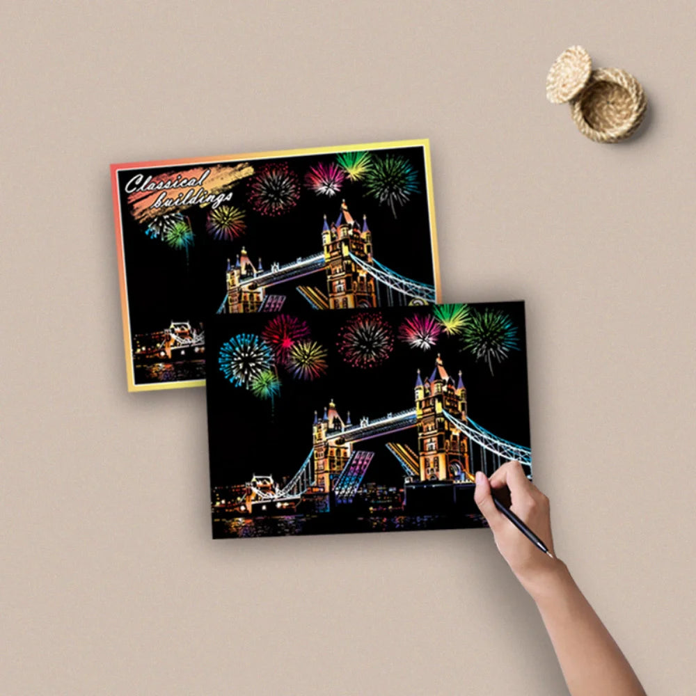 Children's DIY Night Scene Art Scratch Painting Postcards Toys City Building Landscape Kids Educational Toys Room Decor Gift 4Pcs