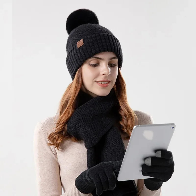 Hat Scarf Touchscreen Gloves Winter Set for Women Girls Warm Knit Fleece Lined Beanie Hat Fur Ball Cap