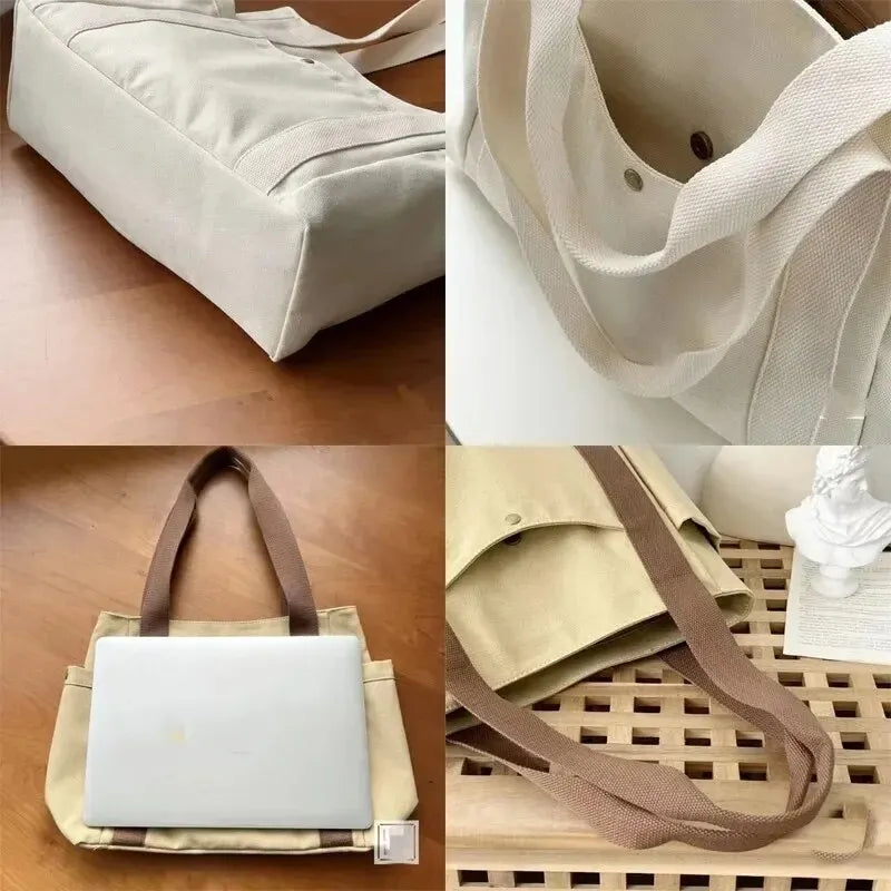 Versatile Canvas Shoulder Tote Bag Unisex Large Capacity Messenger Handbag Casual Student Commuting Zipper Square Bag