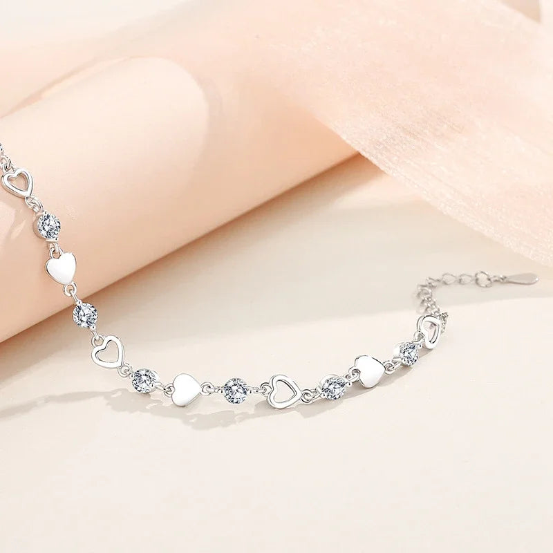 Luxury Crystal Hearts 925 Sterling Silver Pendant Bracelets for Women Versatile Charm Jewelry Accessories