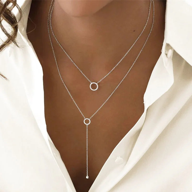 Elegant Double Layer S925 Sterling Silver Circle Crystals Pendant Tassel Necklace for Women Fine Choker Jewelry Accessories