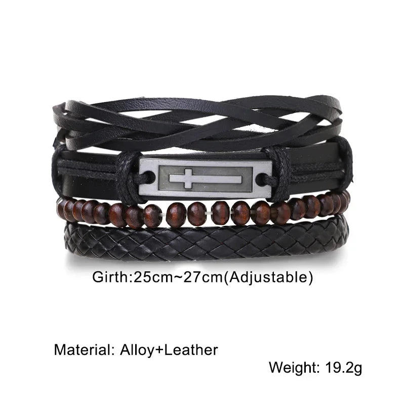 Stylish Braided Woven Leather Bracelets for Men Life Tree Rudder Charm Wood Beads Tribal Rope Wristband 4pcs Set