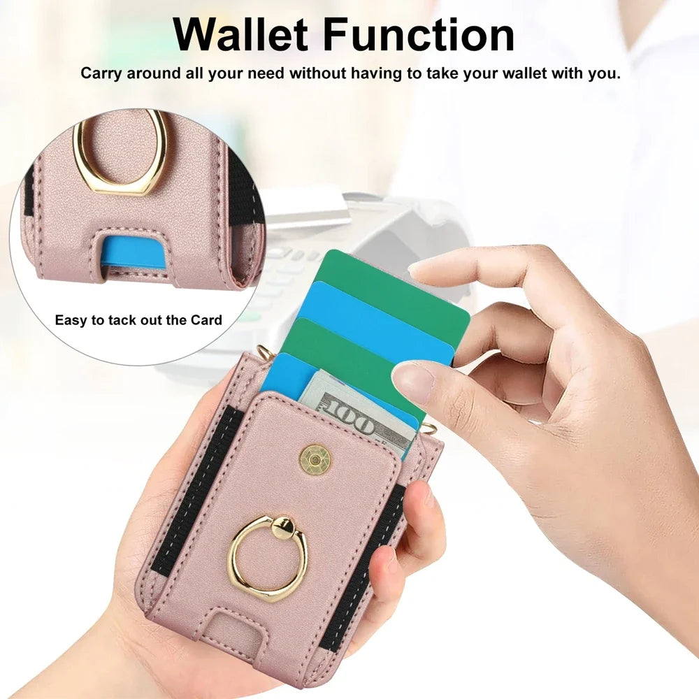 Deluxe Crossbody Lanyard Leather Flip Wallet Case for Samsung Galaxy Z Flip 6 5 4 3 Models Ring Bracket Shockproof Protective Shell Card Holder Phone Cover Bag