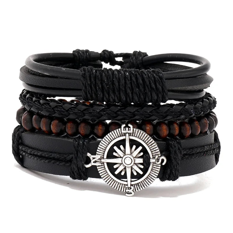 Stylish Braided Woven Leather Bracelets for Men Life Tree Rudder Charm Wood Beads Tribal Rope Wristband 4pcs Set