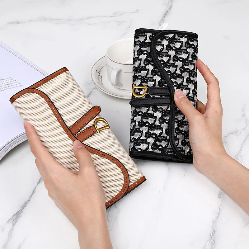 Fashion Classic Design Women's Trifold Long Style Wallet Large Capacity D-Buckle Multi Card Multi Functional Handheld Clutch Mini Purse