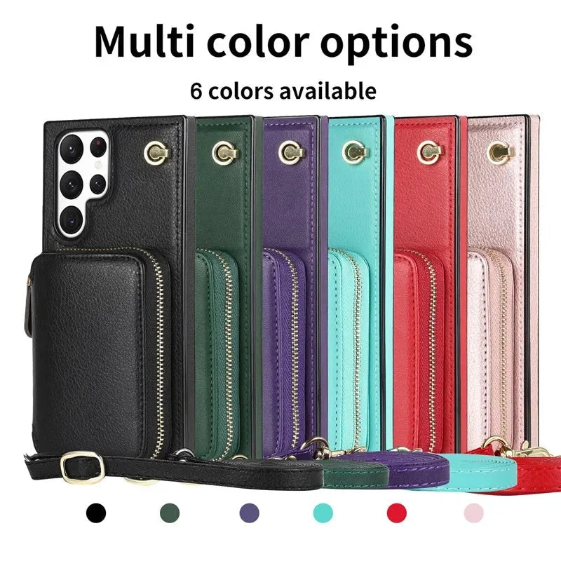 Luxury Crossbody Zipper Leather Wallet Case for Samsung Galaxy S24 S23 S22 Plus S21 S20 Ultra Note 20 Models Cards Holder Lanyard Protective Cover Shell