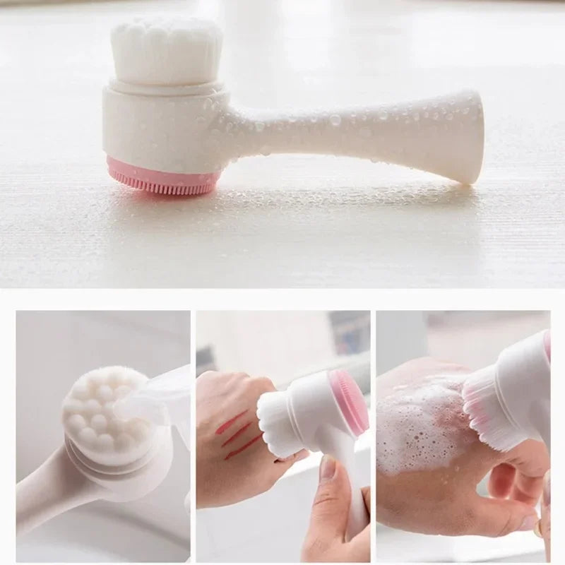 Soft Bristles Exfoliator Double Sided Silicone and Fiber Face Body Washing Brush Facial Cleansing Manual Massage Scrubber