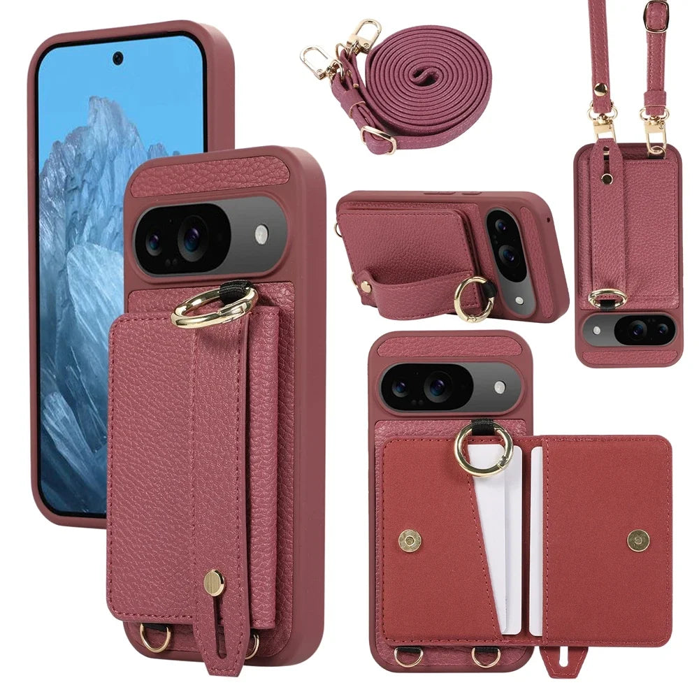 Exquisite Crossbody Leather Wallet Case for Google Pixel 9 8 Pro 8a 7a Models Ring Holder with Wrist Strap Shockproof Phone Case Cover Shell