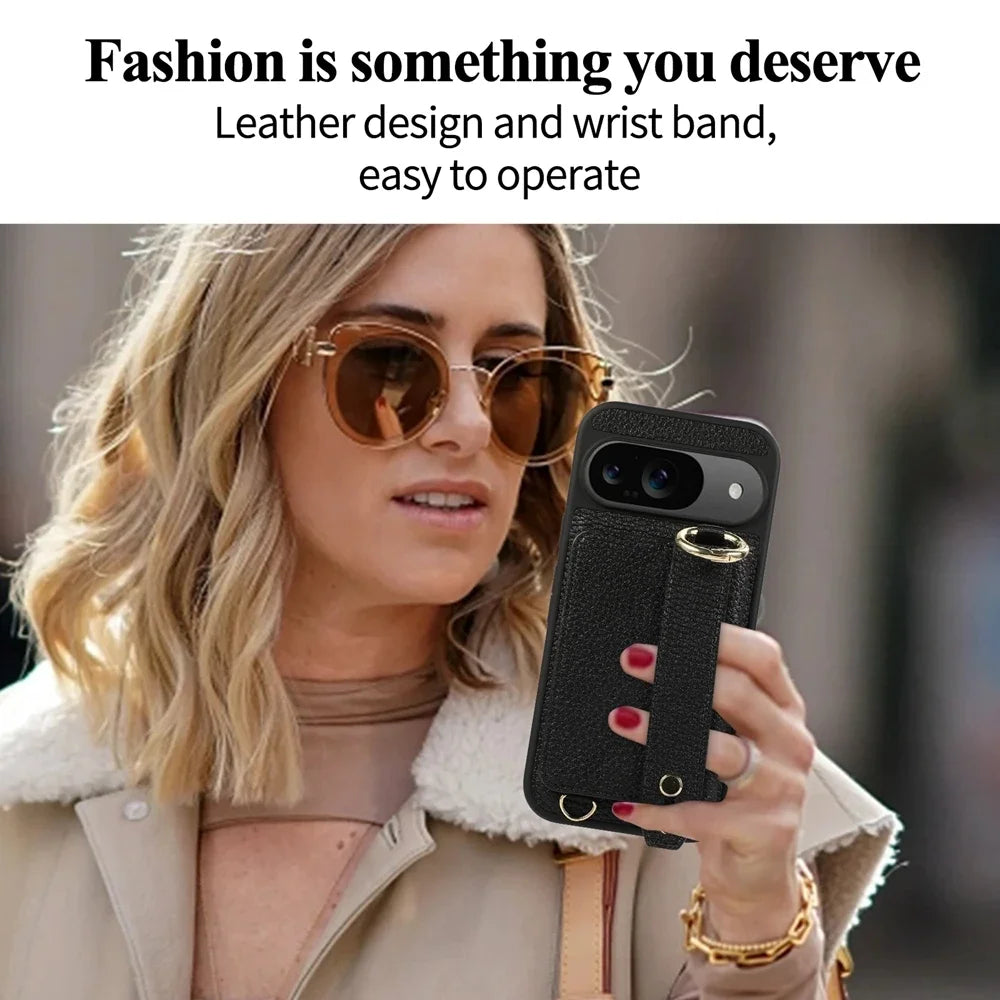 Exquisite Crossbody Leather Wallet Case for Google Pixel 9 8 Pro 8a 7a Models Ring Holder with Wrist Strap Shockproof Phone Case Cover Shell