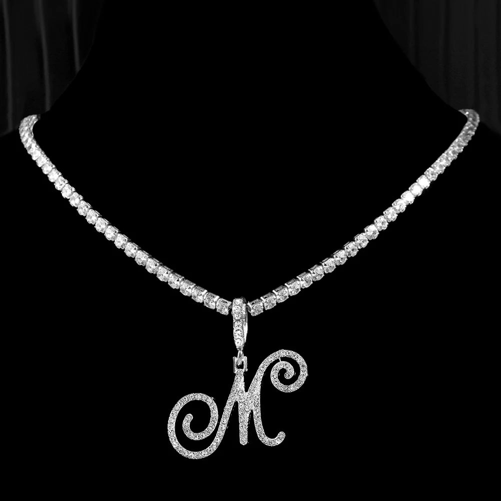 Elegant Sparkling Cursive Initial Name Letters Silver Gold Color Pendant Necklace Zircon Bling Alphabet Jewelry