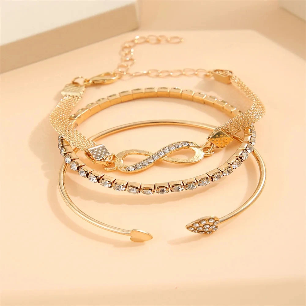 Infinity Heart Set Crystal Rhinestone Bracelets for Women Fashion Silver Gold Color Geometric Adjustable Cuff Bangle Jewelry
