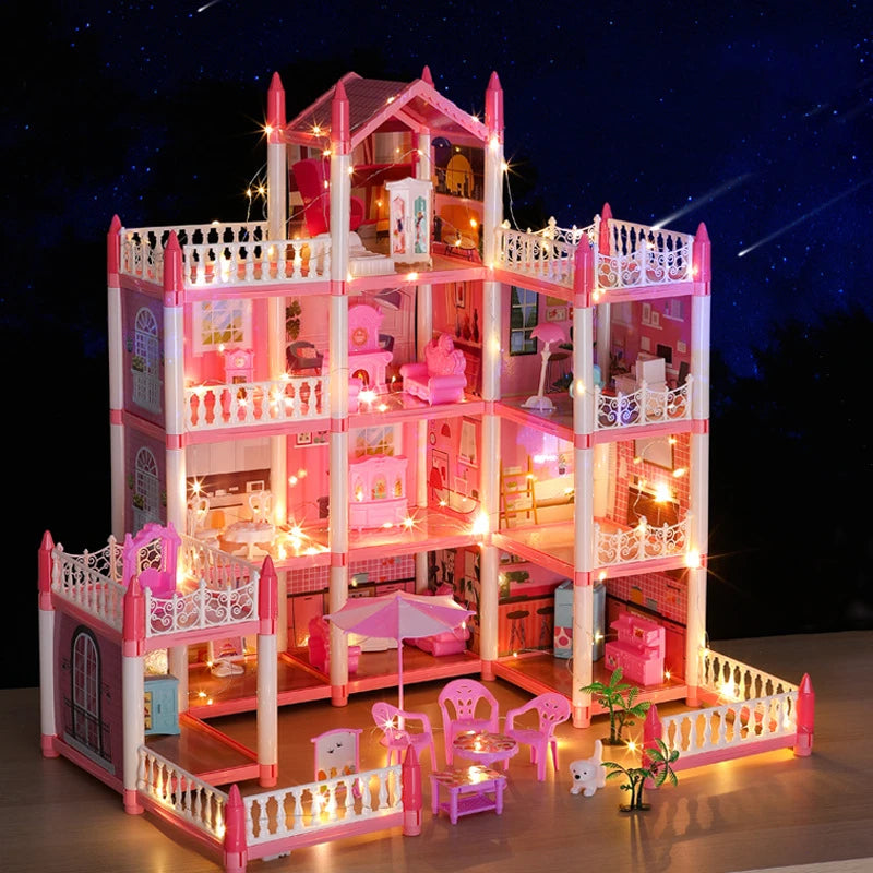 Beautiful Miniature Model Doll House Princess Castle with LED Lights Accessories Girl Birthday Gift Toy Villa House 3D Assembly DIY