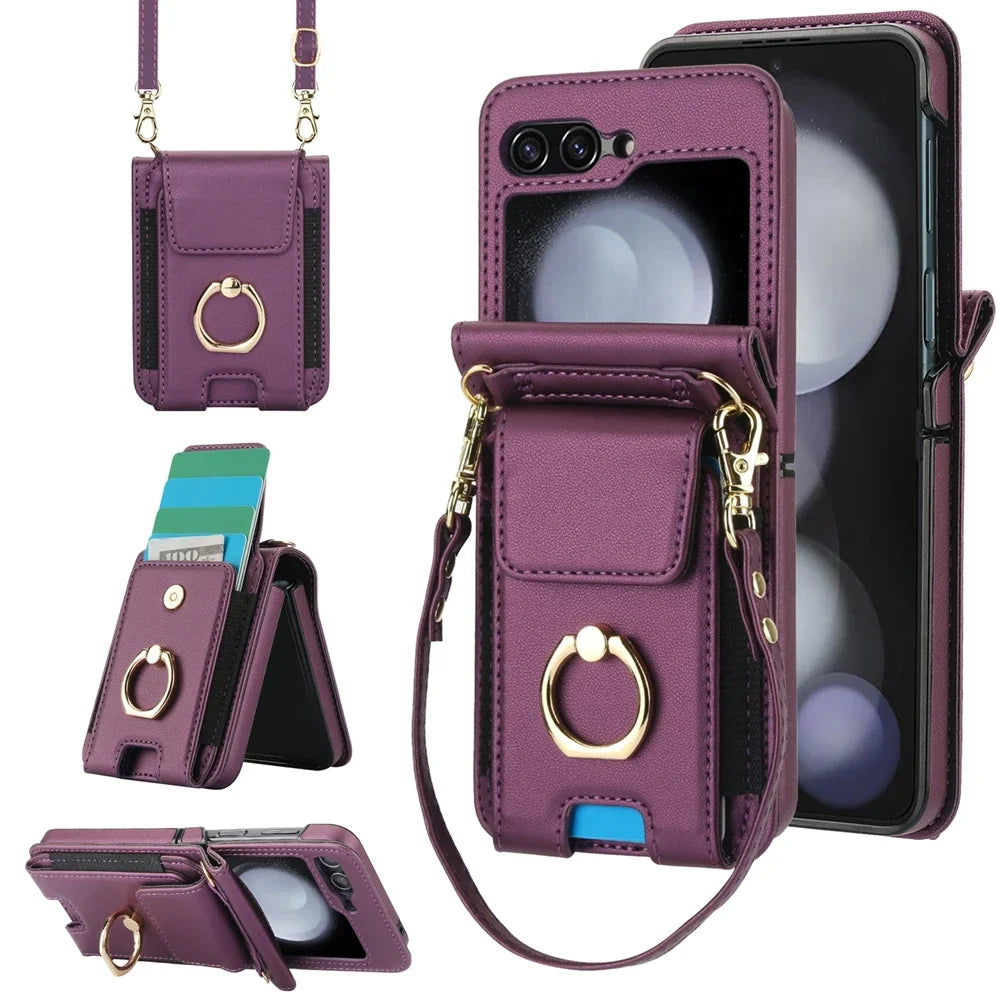 Deluxe Crossbody Lanyard Leather Flip Wallet Case for Samsung Galaxy Z Flip 6 5 4 3 Models Ring Bracket Shockproof Protective Shell Card Holder Phone Cover Bag